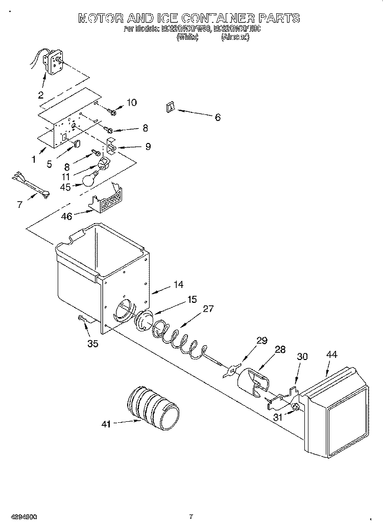 MOTOR AND ICE CONTAINER Diagram and Parts List for ED22GWXFW00  Whirlpool Refrigerator
