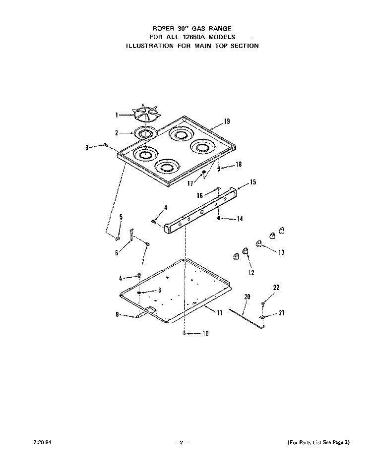 MAIN TOP Diagram and Parts List for 1265W0A  Roper Range