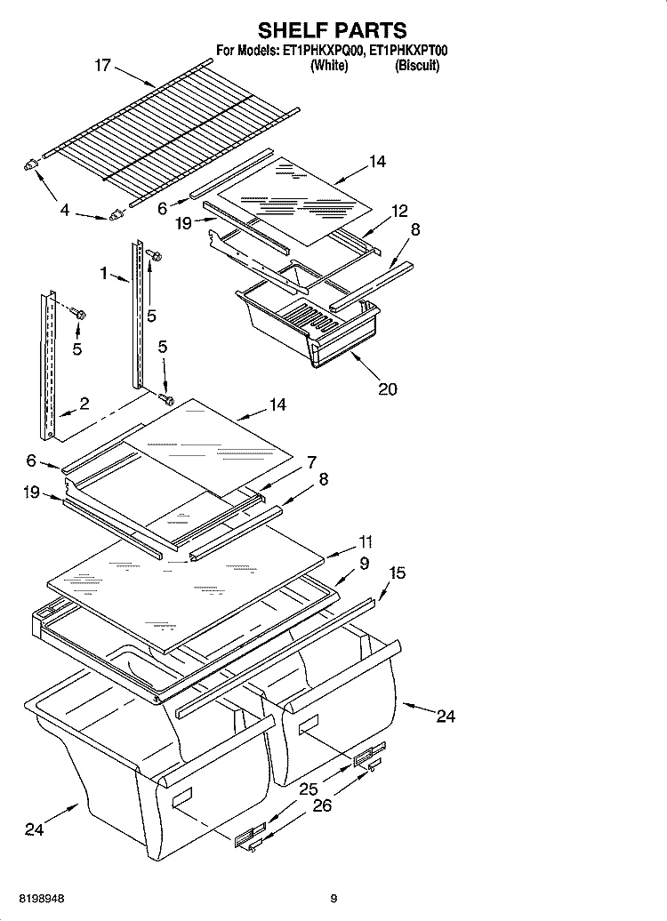 SHELF PARTS, OPTIONAL PARTS Diagram and Parts List for ET1PHKXPQ00  Whirlpool Refrigerator