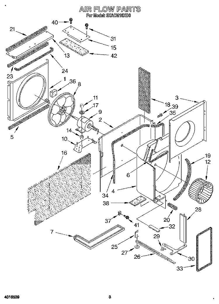 AIR FLOW Diagram and Parts List for 3XACM18XD0  Whirlpool Air Conditioner
