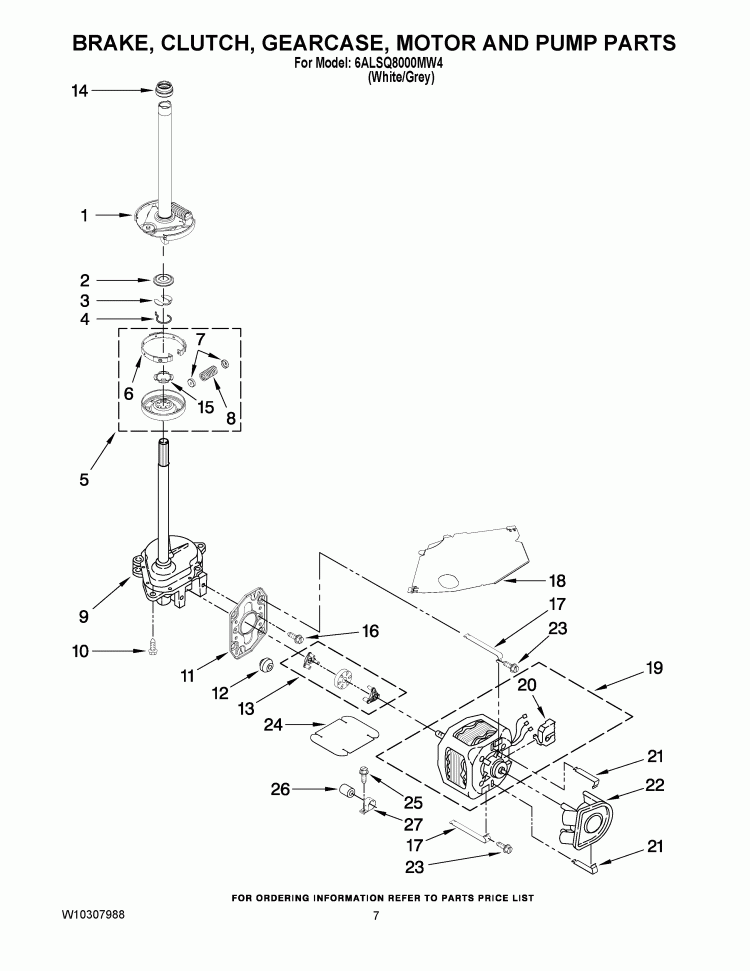 BRAKE, CLUTCH, GEARCASE, MOTOR AND PUMP PARTS Diagram and Parts List for 6ALSQ8000MW4  Whirlpool Washer