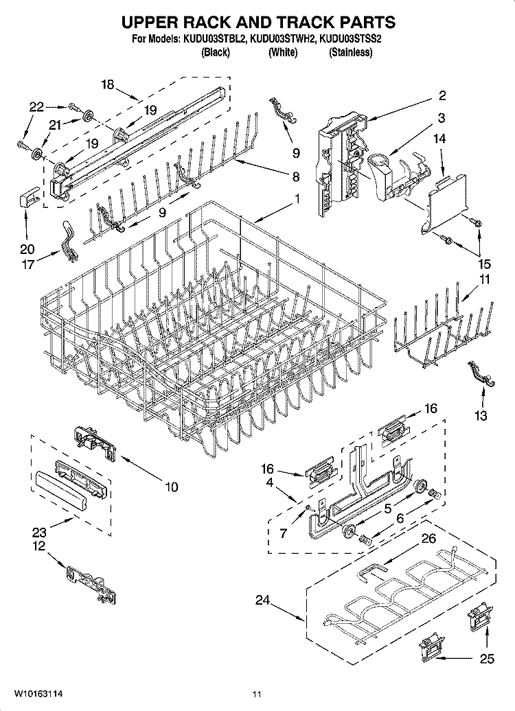 UPPER RACK AND TRACK PARTS Diagram and Parts List for KUDU03STSS2  KitchenAid Dishwasher