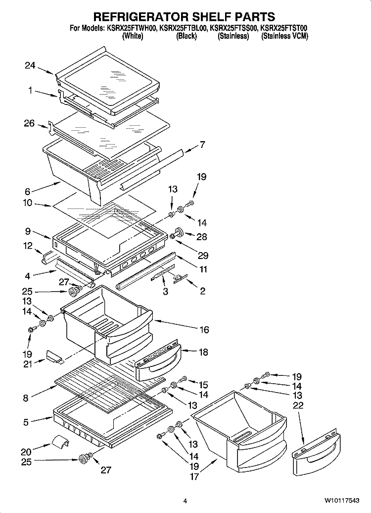REFRIGERATOR SHELF PARTS Diagram and Parts List for KSRX25FTSS00  KitchenAid Refrigerator