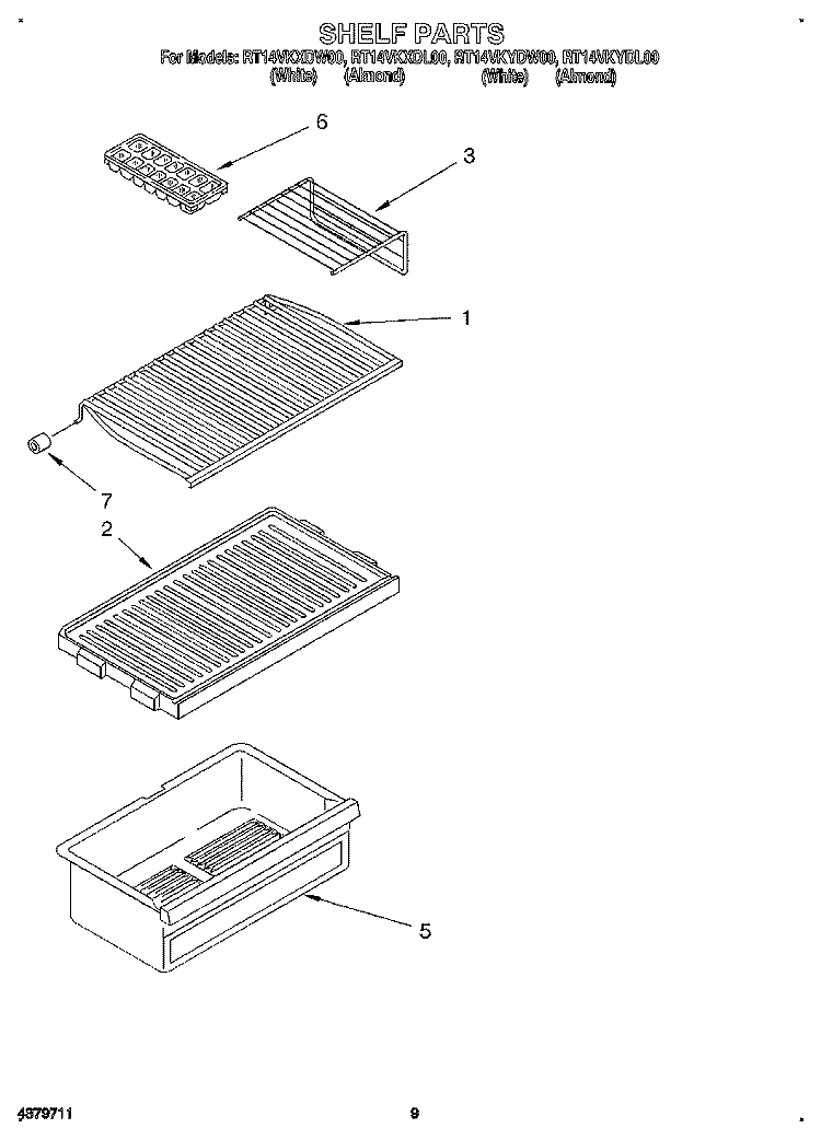 SHELF Diagram and Parts List for RT14VKYDW00  Roper Refrigerator