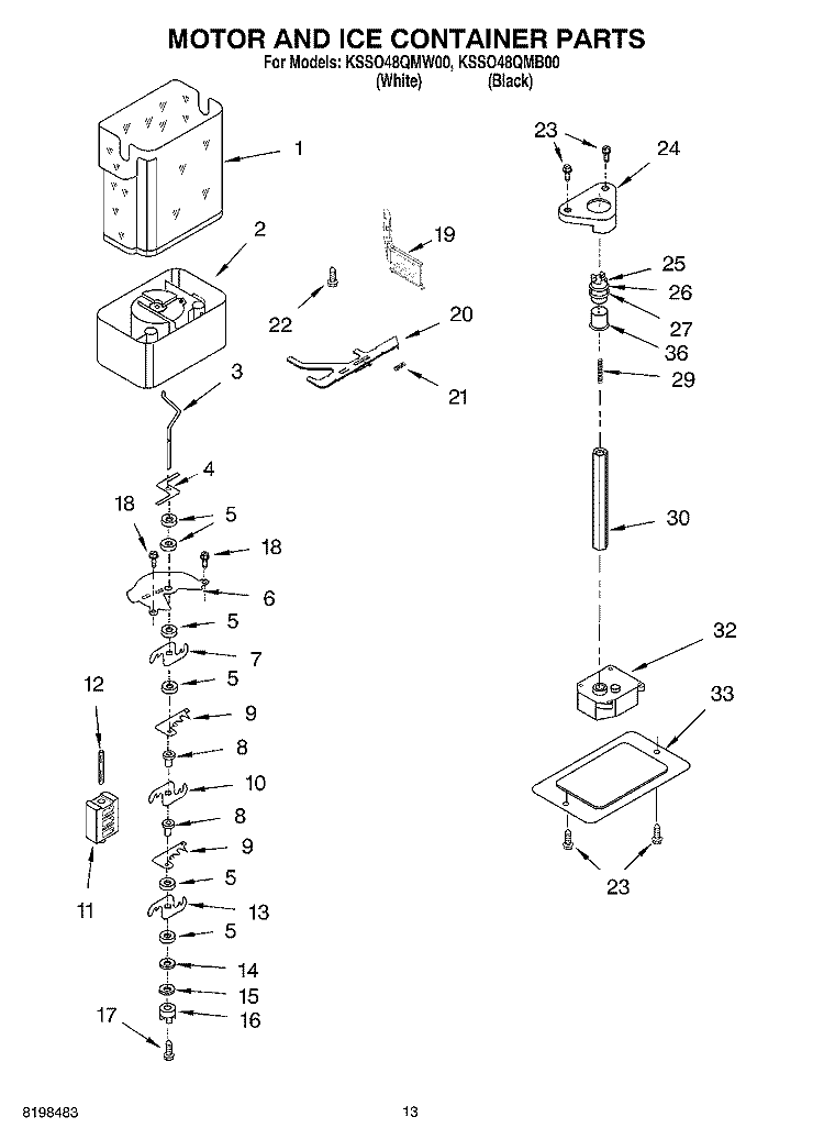 MOTOR AND ICE CONTAINER PARTS Diagram and Parts List for KSSO48QMW00  KitchenAid Refrigerator