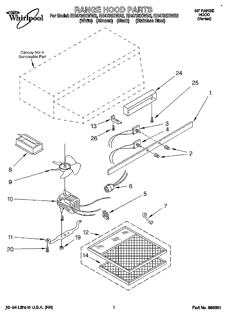 SECTION Diagram and Parts List for RH4736XWA2  Whirlpool Range Hood