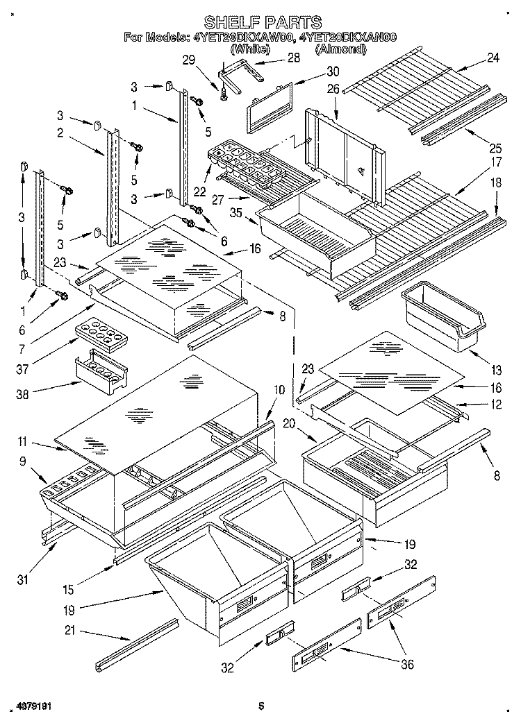 SHELF, LIT/OPTIONAL Diagram and Parts List for 4YET20DKAW00  Whirlpool Refrigerator