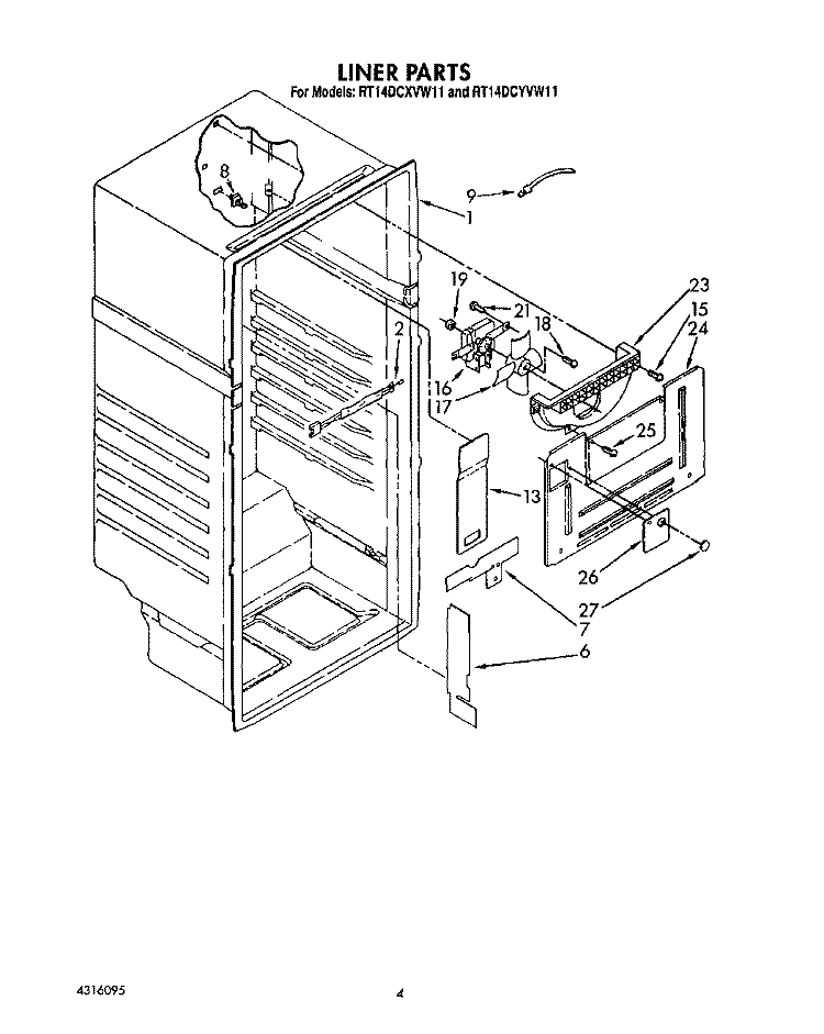 LINER Diagram and Parts List for RT14DCYVW11  Roper Refrigerator