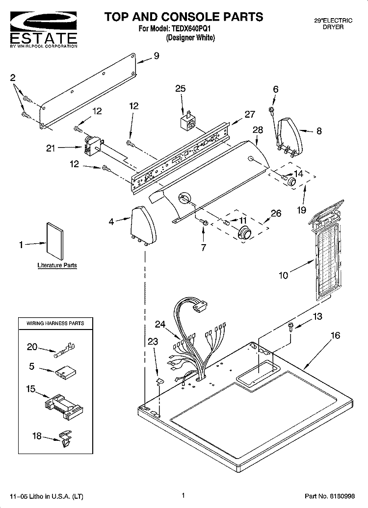 TOP AND CONSOLE PARTS Diagram and Parts List for TEDX640PQ1  Estate Dryer