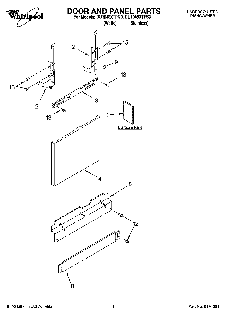 DOOR AND PANEL PARTS Diagram and Parts List for DU1048XTPS3  Whirlpool Dishwasher
