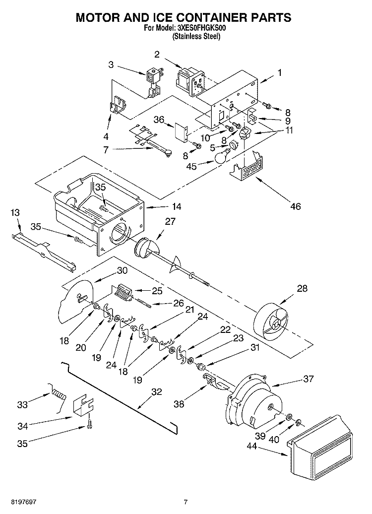 MOTOR AND ICE CONTAINER Diagram and Parts List for 3XES0FHGKS00  Whirlpool Refrigerator