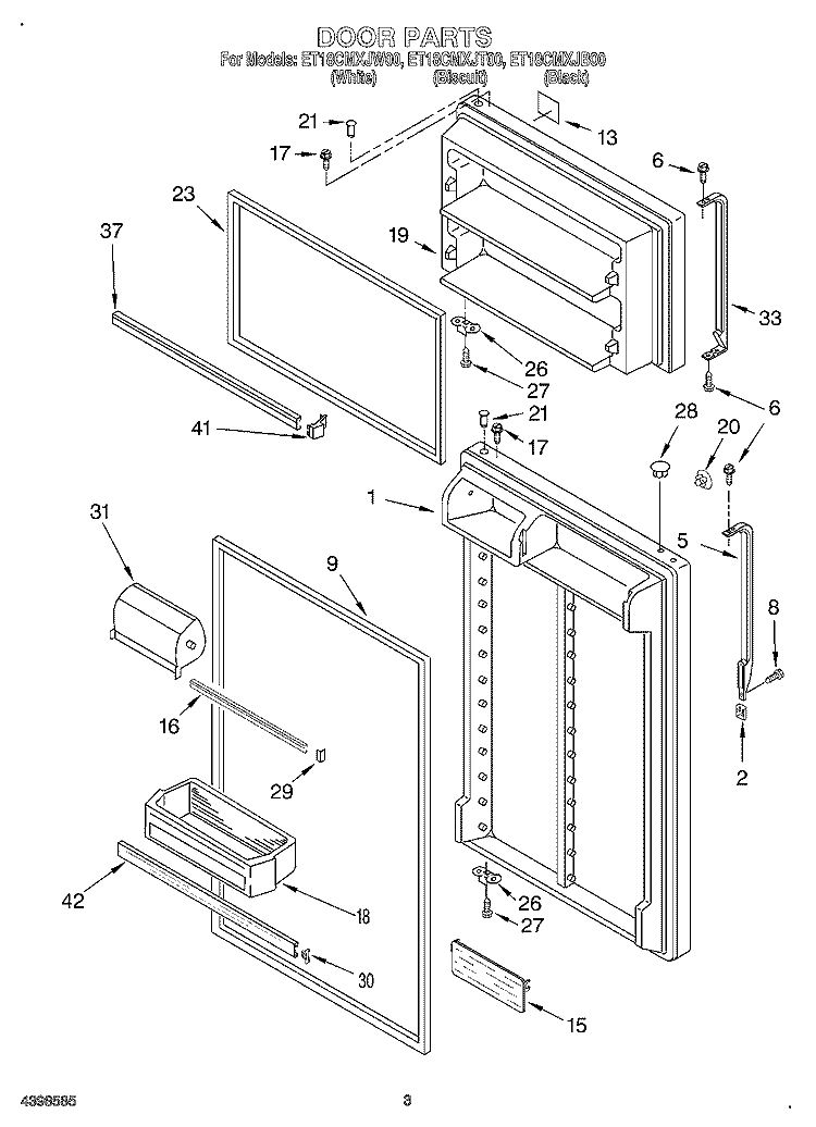 DOOR Diagram and Parts List for ET18CMXJW00  Whirlpool Refrigerator
