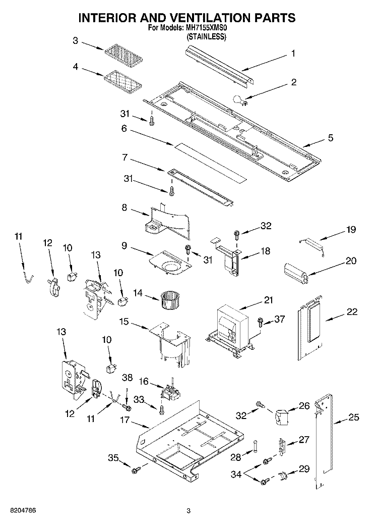 INTERIOR AND VENTILATION PARTS Diagram and Parts List for MH7155XMS0  Whirlpool Microwave