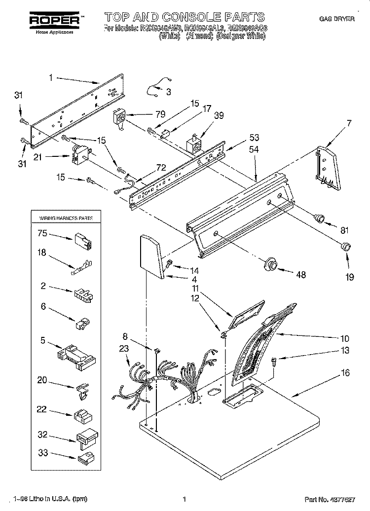 TOP AND CONSOLE, LIT/OPTIONAL Diagram and Parts List for RGX6646AQ3  Roper Dryer