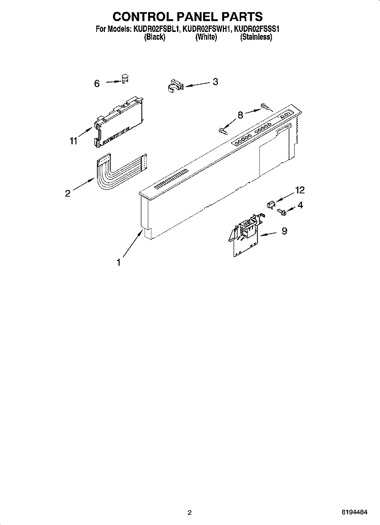 CONTROL PANEL PARTS Diagram and Parts List for KUDR02FSSS1  KitchenAid Dishwasher
