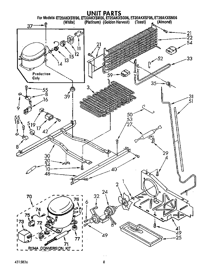 UNIT Diagram and Parts List for ET20AKXSW06  Whirlpool Refrigerator