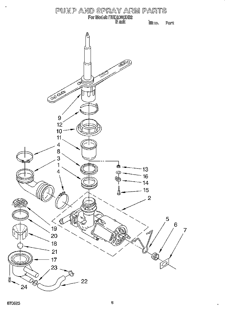 PUMP AND SPRAY ARM Diagram and Parts List for RUD3000DB2  Roper Dishwasher