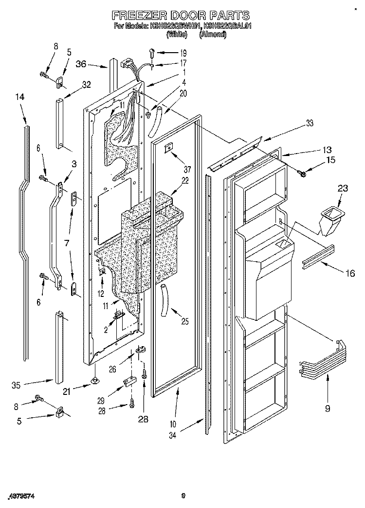 FREEZER DOOR Diagram and Parts List for KSHS22QBWH01  KitchenAid Refrigerator