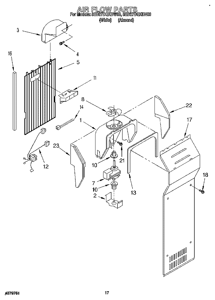 AIR FLOW Diagram and Parts List for 8ED27DQXDN00  Whirlpool Refrigerator