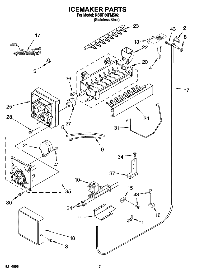 ICEMAKER PARTS Diagram and Parts List for KBRP36FMS02  KitchenAid Refrigerator