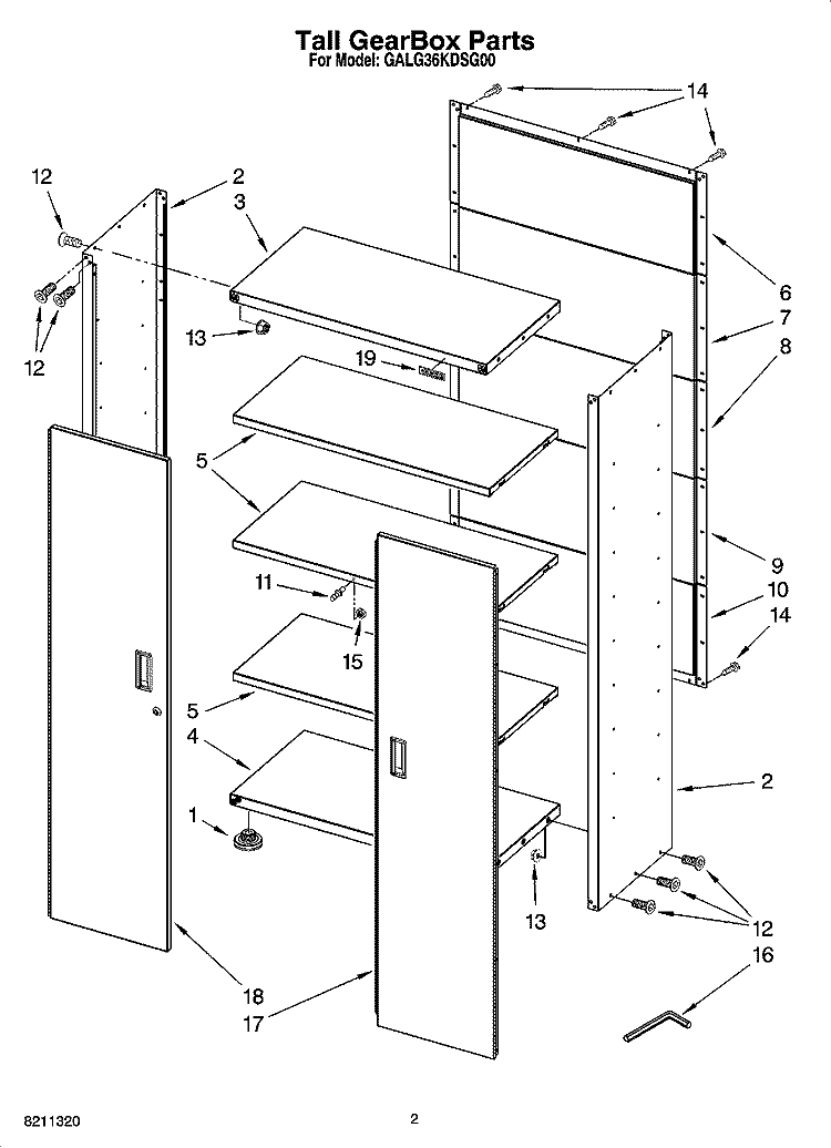 Tall GearBox Parts Diagram and Parts List for GALG36KDSG00  Whirlpool Cabinet