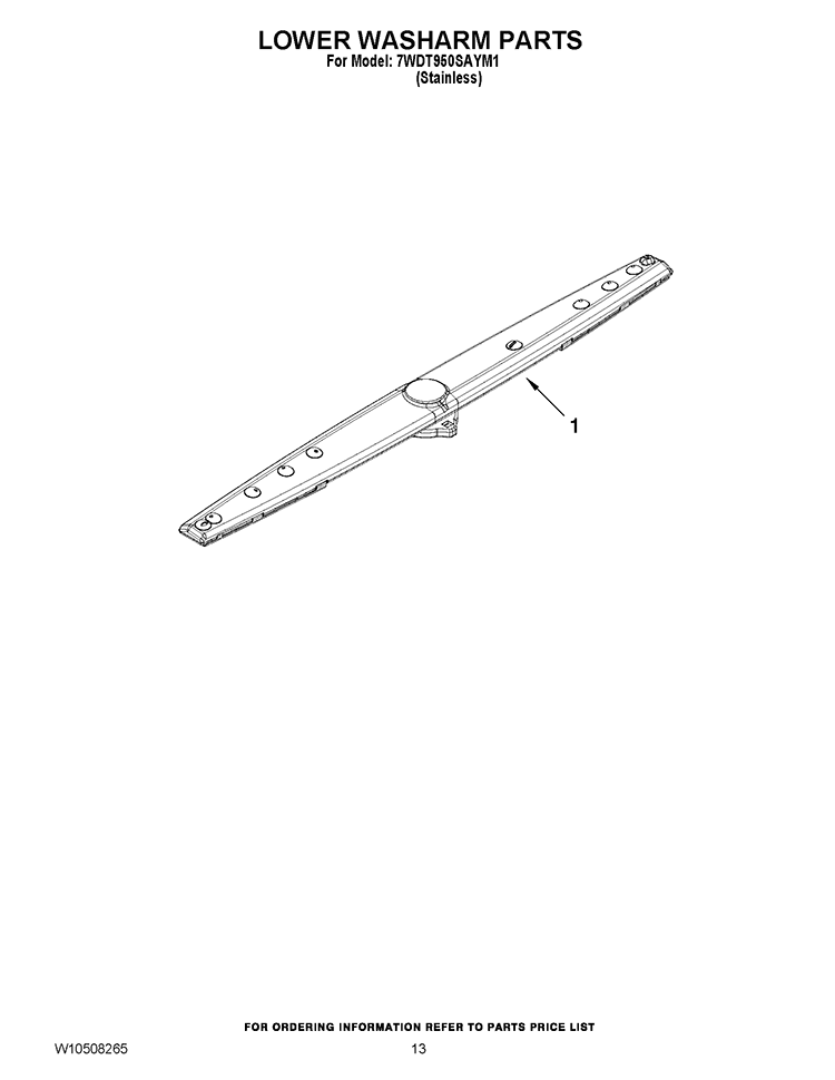 LOWER WASHARM PARTS Diagram and Parts List for 7WDT950SAYM1  Whirlpool Dishwasher