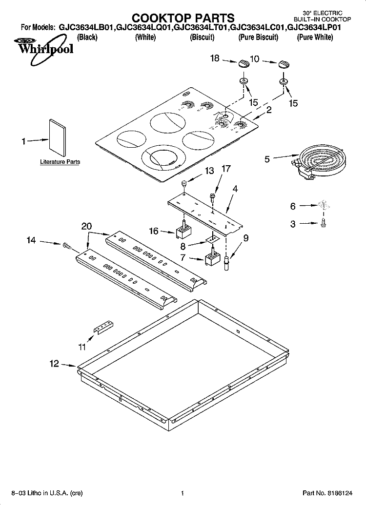 COOKTOP PARTS Diagram and Parts List for GJC3634LQ01  Whirlpool Cooktop