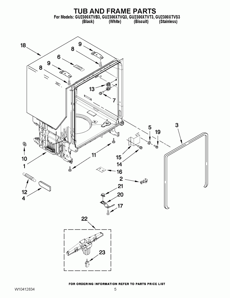 TUB AND FRAME PARTS Diagram and Parts List for GU2300XTVT3  Whirlpool Dishwasher