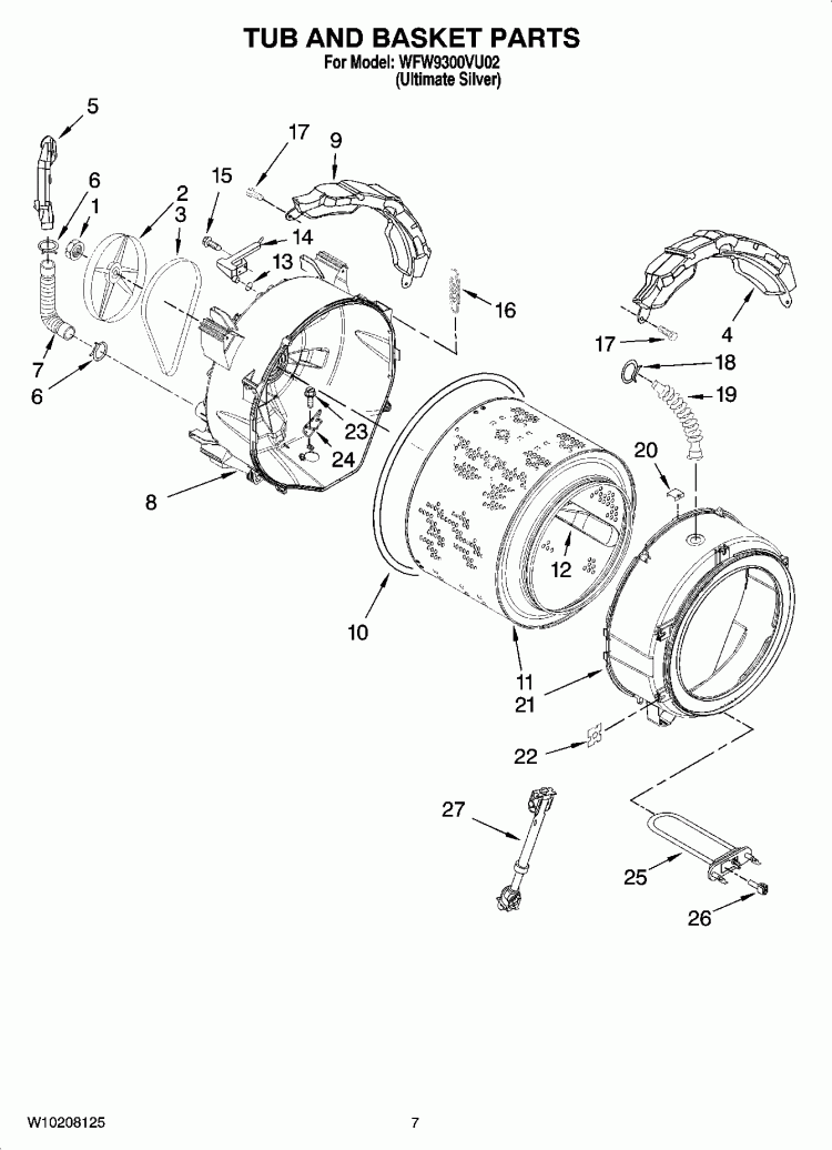TUB AND BASKET PARTS Diagram and Parts List for WFW9300VU02  Whirlpool Washer