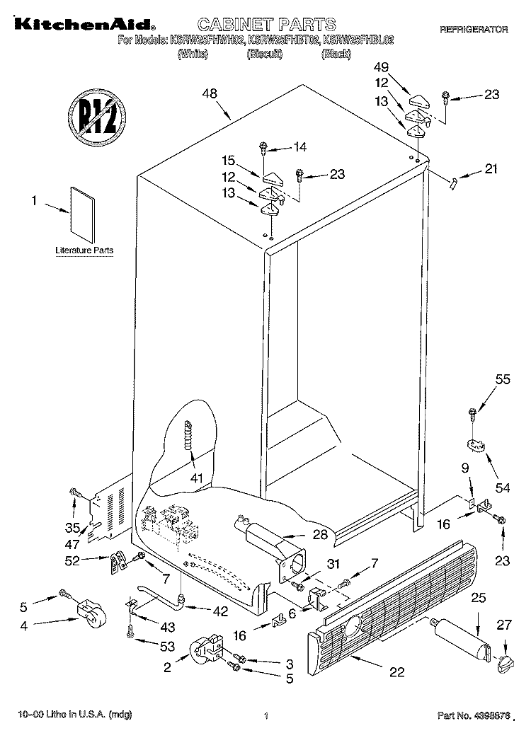 CABINET, LITERATURE Diagram and Parts List for KSRW25FHBT02  KitchenAid Refrigerator