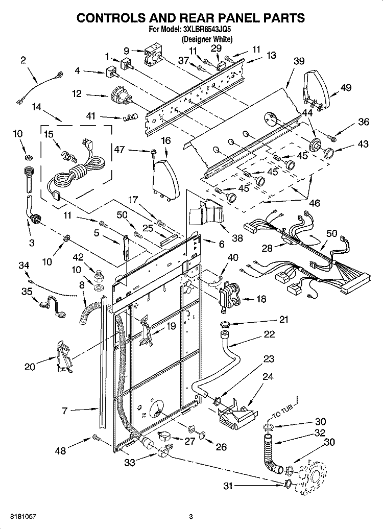 CONTROLS AND REAR PANEL PARTS Diagram and Parts List for 3XLBR8543JQ5  Whirlpool Washer