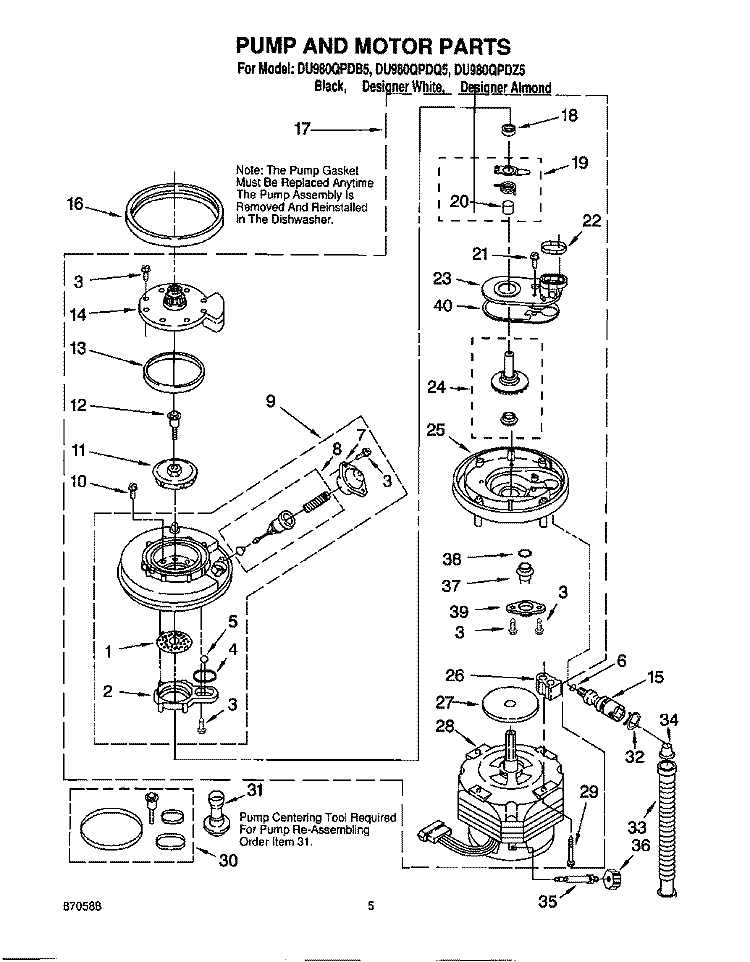 PUMP AND MOTOR Diagram and Parts List for DU980QPDB5  Whirlpool Dishwasher