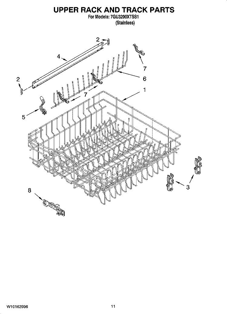 UPPER RACK AND TRACK PARTS Diagram and Parts List for 7GU3200XTSS1  Whirlpool Dishwasher