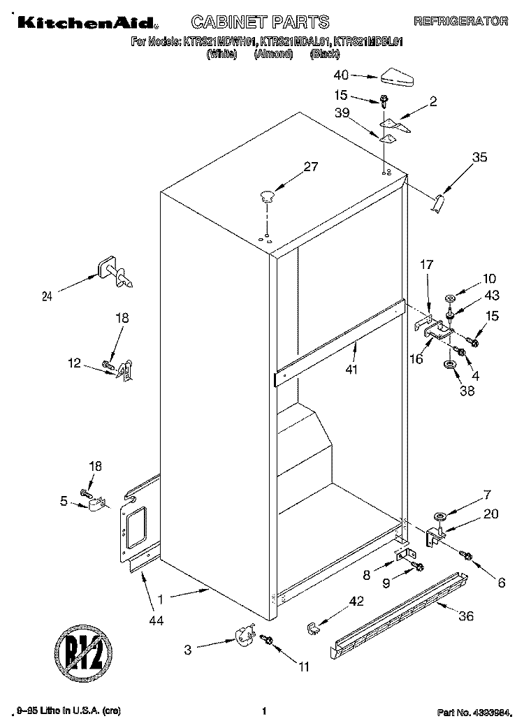CABINET Diagram and Parts List for KTRS21MDAL01  KitchenAid Refrigerator