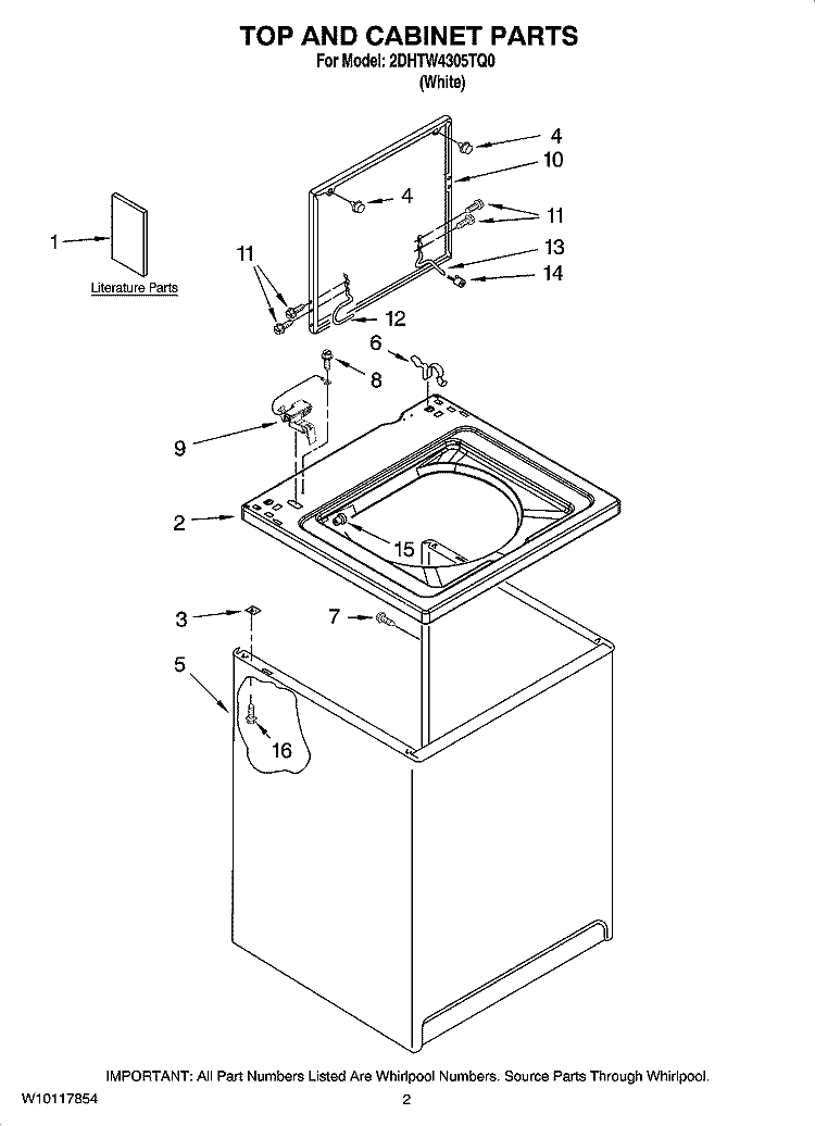 TOP AND CABINET PARTS Diagram and Parts List for 2DHTW4305TQ0  Whirlpool Washer