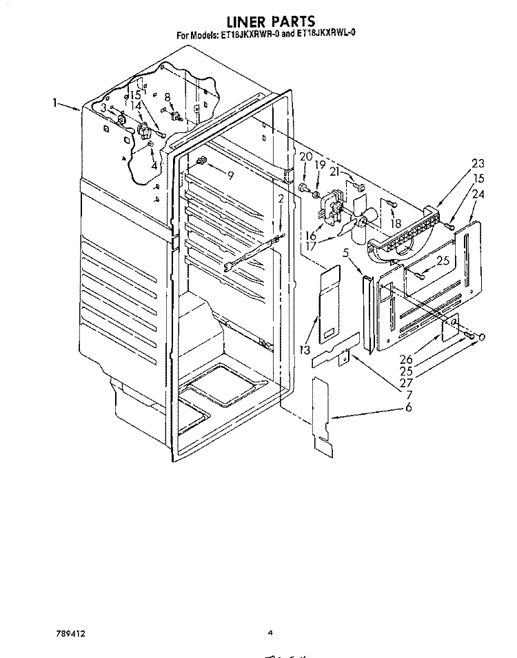 LINER Diagram and Parts List for ET18JKXRWR0  Whirlpool Refrigerator