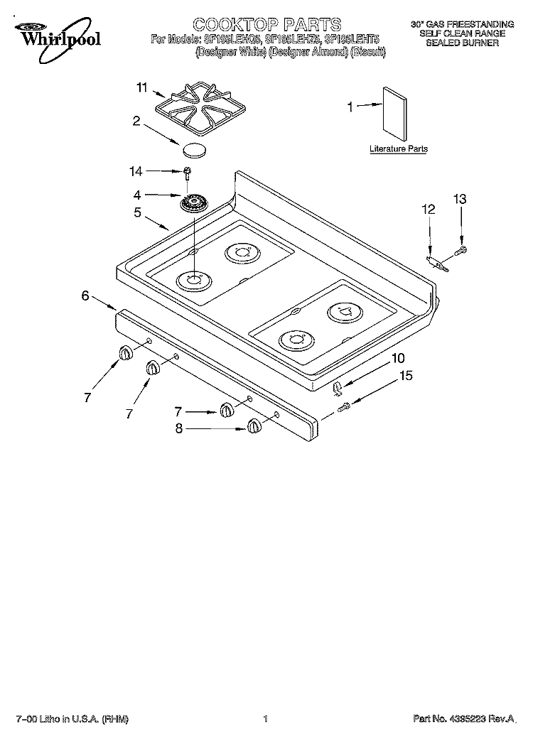 COOKTOP, LITERATURE Diagram and Parts List for SF195LEHT5  Whirlpool Range