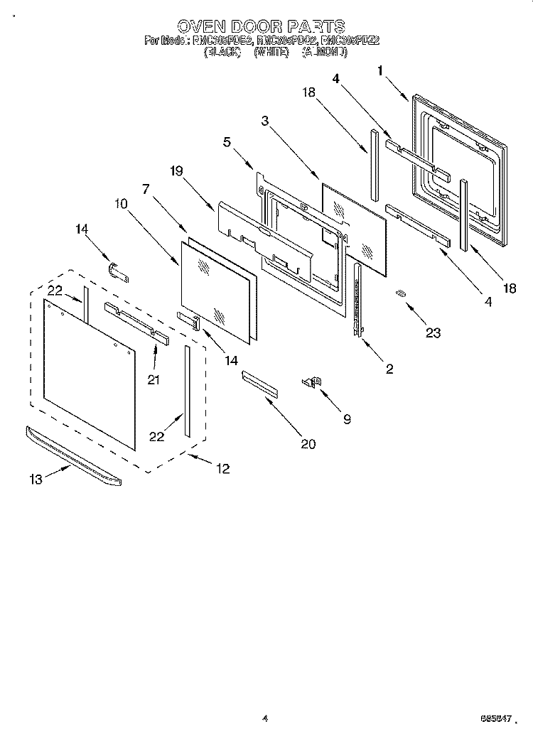 OVEN DOOR Diagram and Parts List for RMC305PDZ2  Whirlpool Microwave Oven Combo