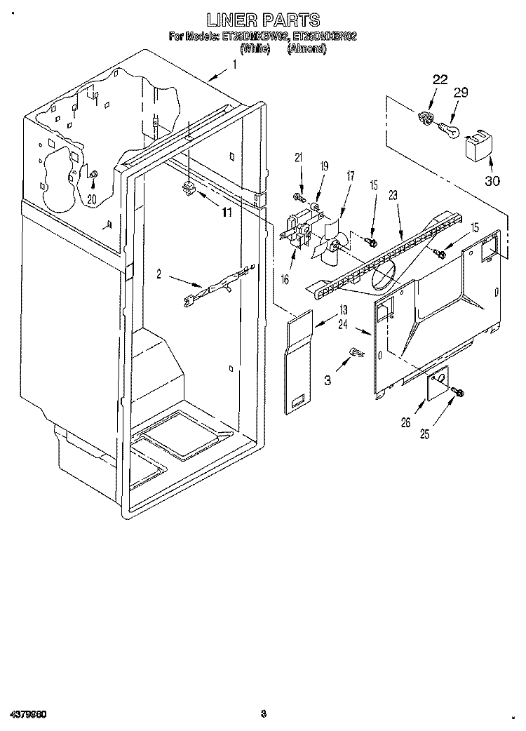 LINER Diagram and Parts List for ET25DMXBN02  Whirlpool Refrigerator