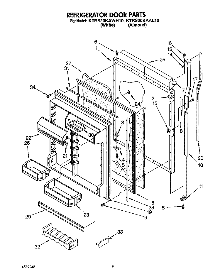 REFRIGERATOR DOOR Diagram and Parts List for KTRS20KAWH10  KitchenAid Refrigerator