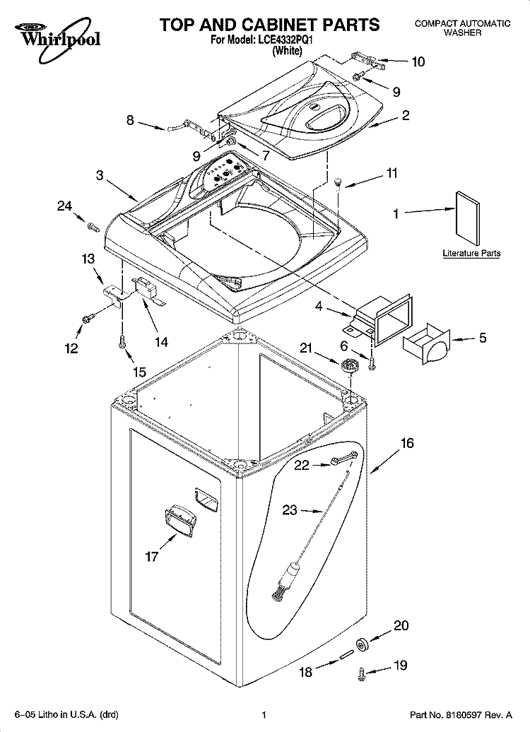 TOP AND CABINET PARTS Diagram and Parts List for LCE4332PQ1  Whirlpool Washer