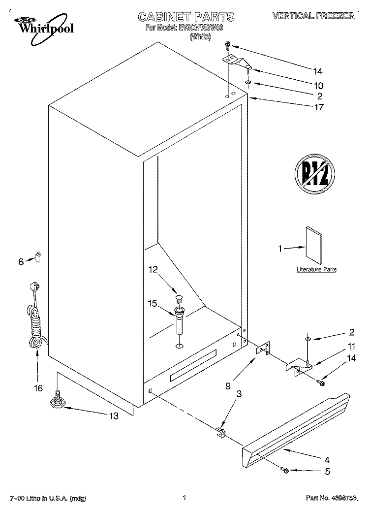 CABINET, LITERATURE Diagram and Parts List for EV200FXGW03  Whirlpool Freezer