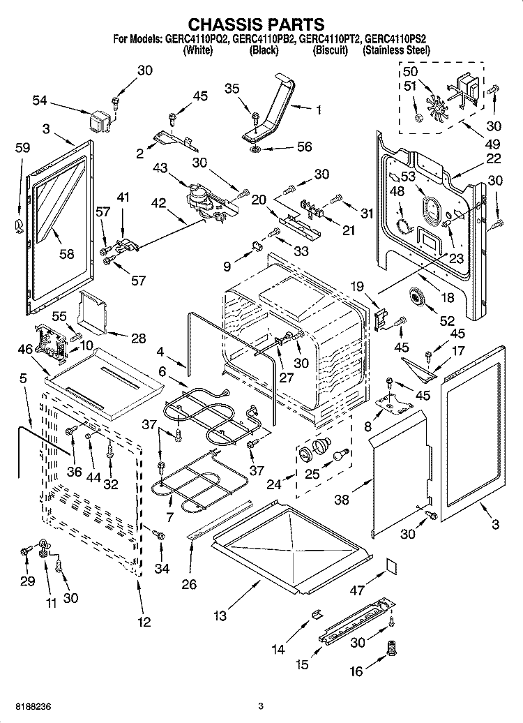 CHASSIS PARTS Diagram and Parts List for GERC4110PS2  Whirlpool Range