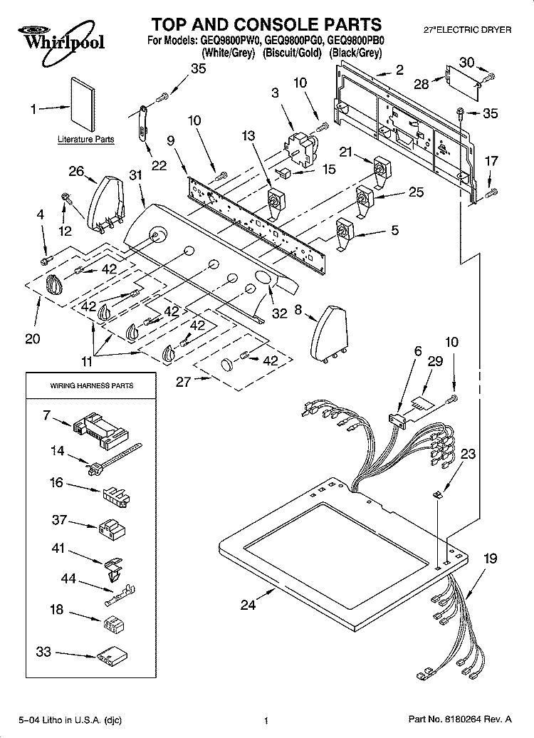 TOP AND CONSOLE PARTS Diagram and Parts List for GEQ9800PB0  Whirlpool Dryer