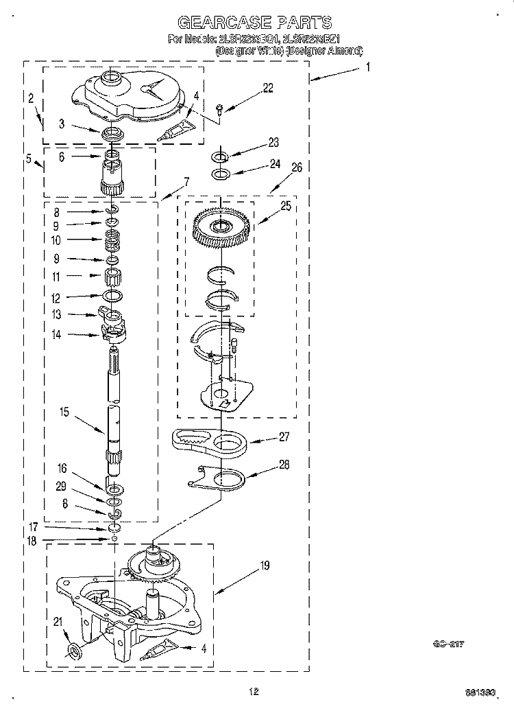 GEARCASE Diagram and Parts List for 2LSR5233BZ1  Whirlpool Washer