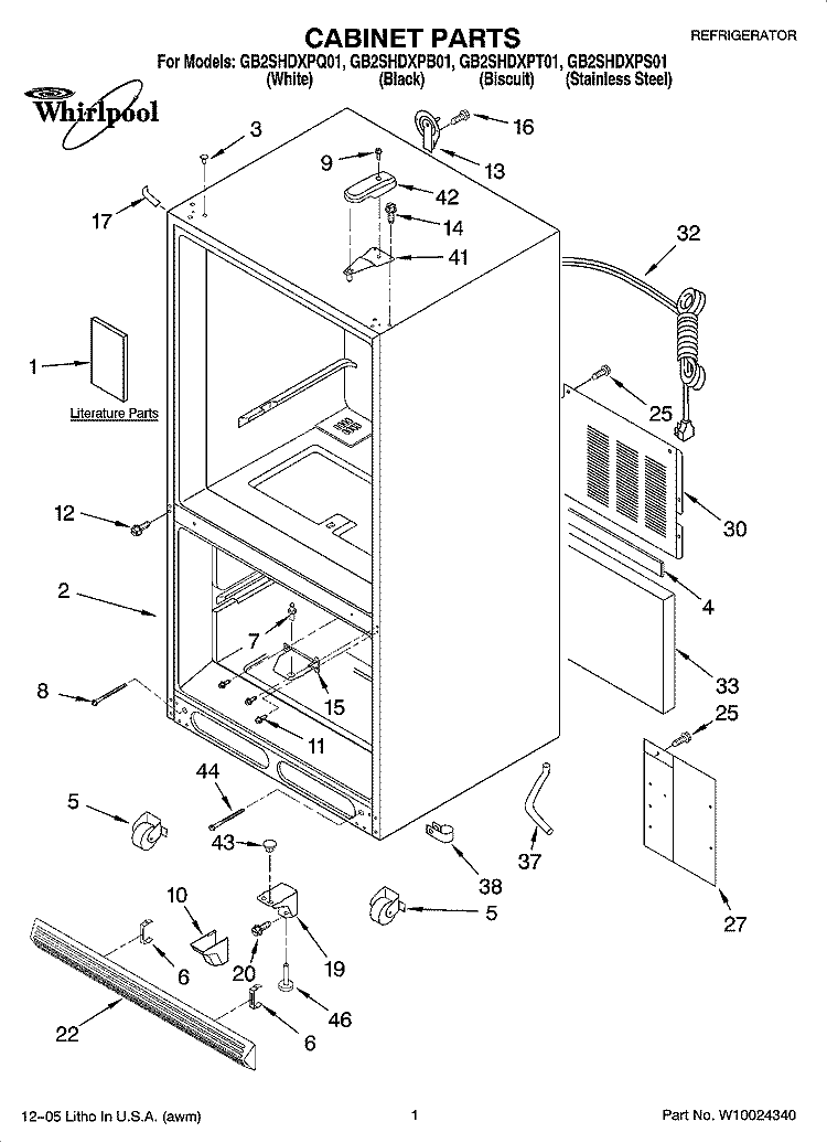 CABINET PARTS Diagram and Parts List for GB2SHDXPQ01  Whirlpool Refrigerator