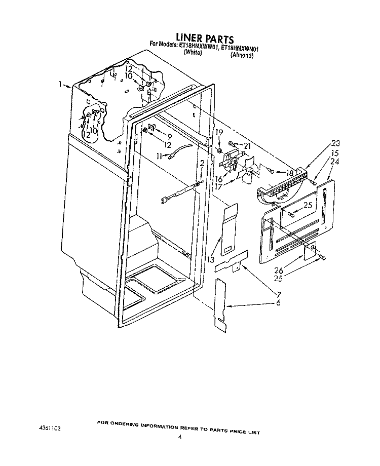 LINER Diagram and Parts List for ET18HMXWN01  Whirlpool Refrigerator