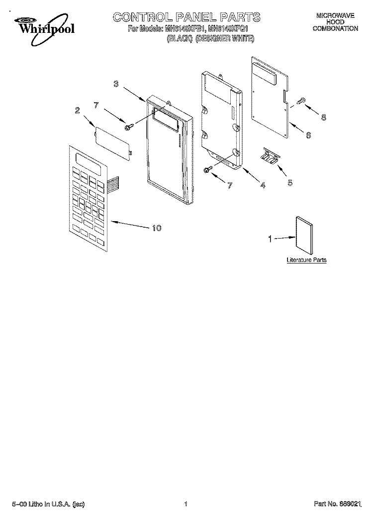 CONTROL PANEL, LITERATURE Diagram and Parts List for MH6140XFB1  Whirlpool Microwave