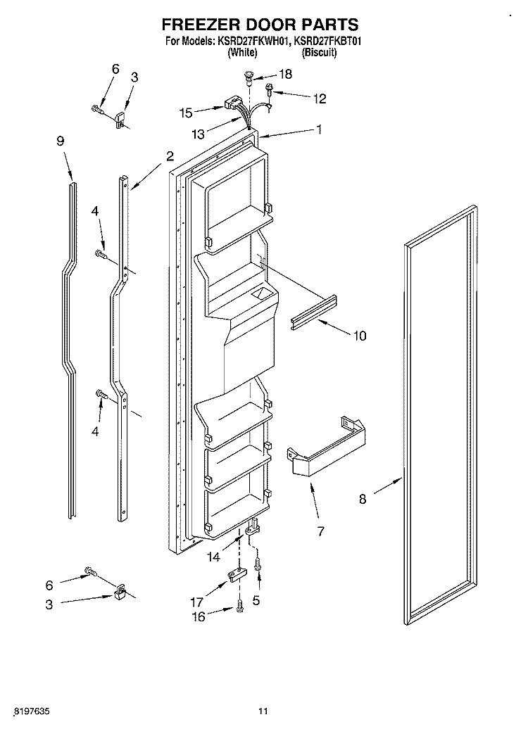 FREEZER DOOR Diagram and Parts List for KSRD27FKBT01  KitchenAid Refrigerator