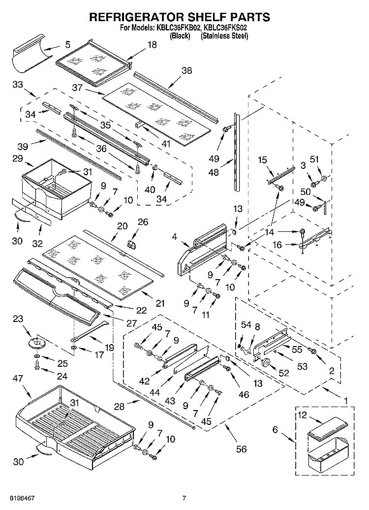 REFRIGERATOR SHELF PARTS Diagram and Parts List for KBLC36FKB02  KitchenAid Refrigerator